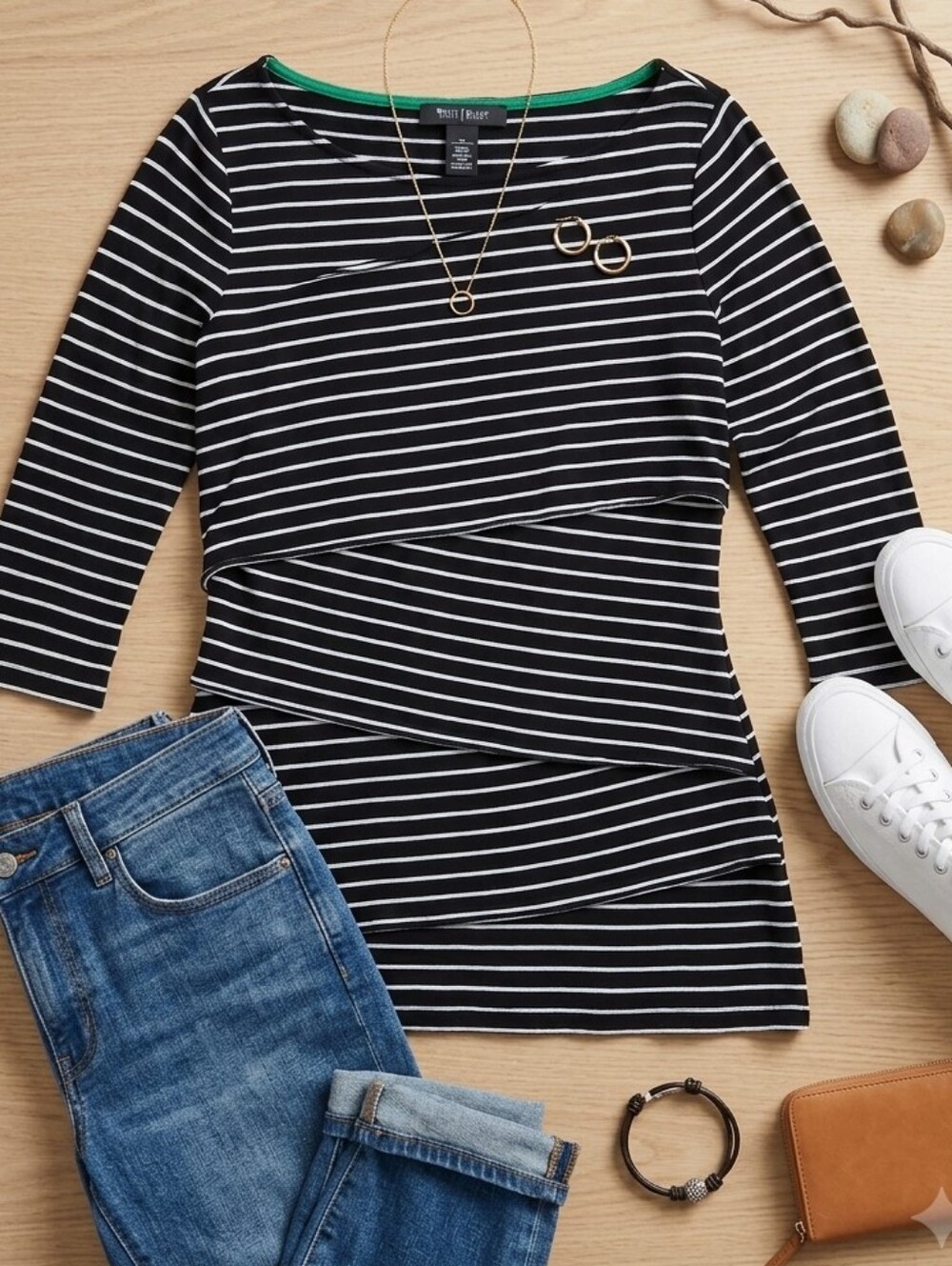 White House Black Market Black & White Striped Long Sleeve Top